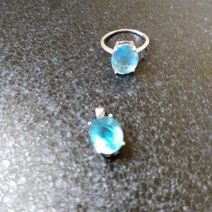 Sterling Silver Blue Topaz Ring and Pendant Size 6